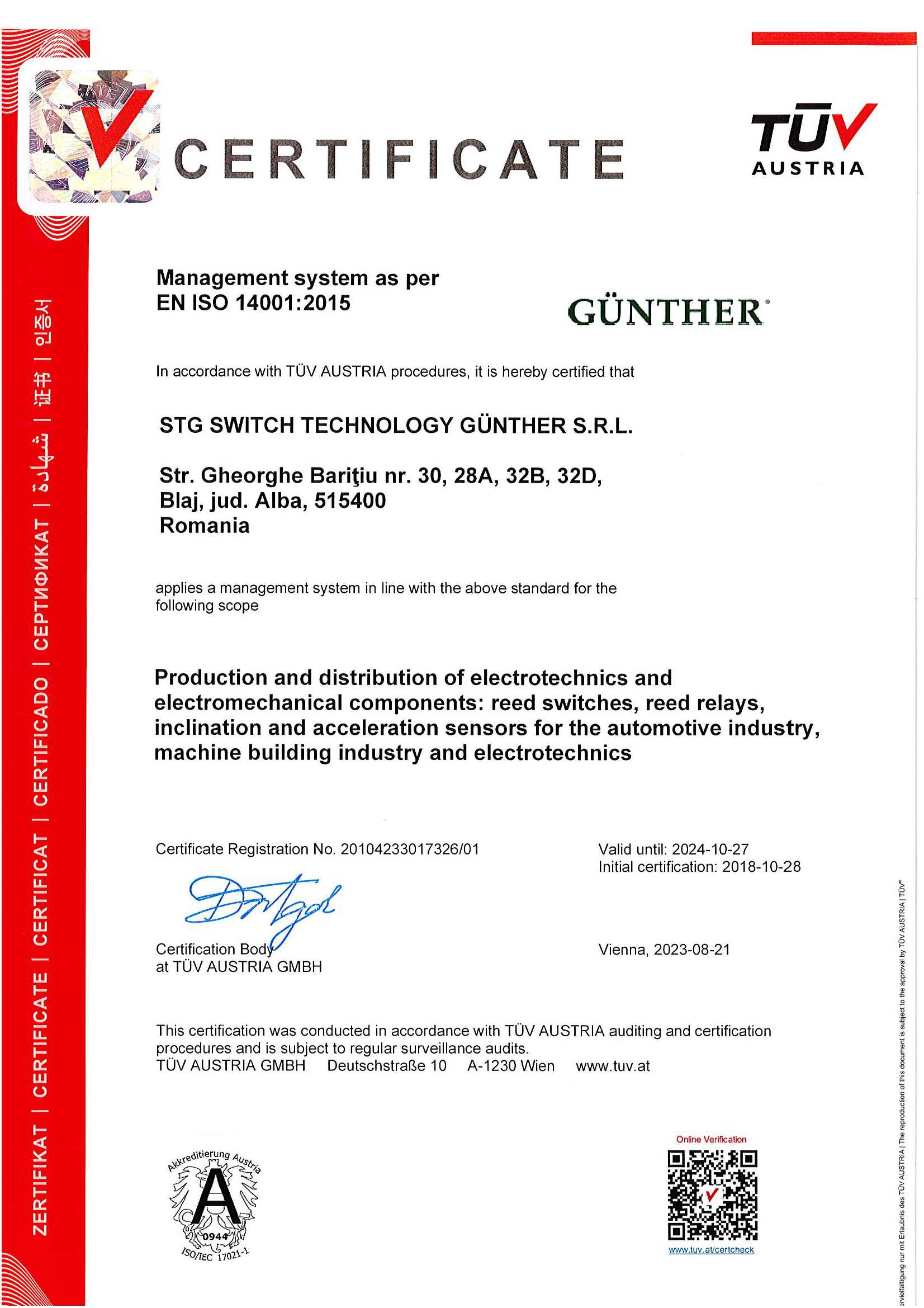 TUV ISO 14001 STG Switch Technology Gunther SRL