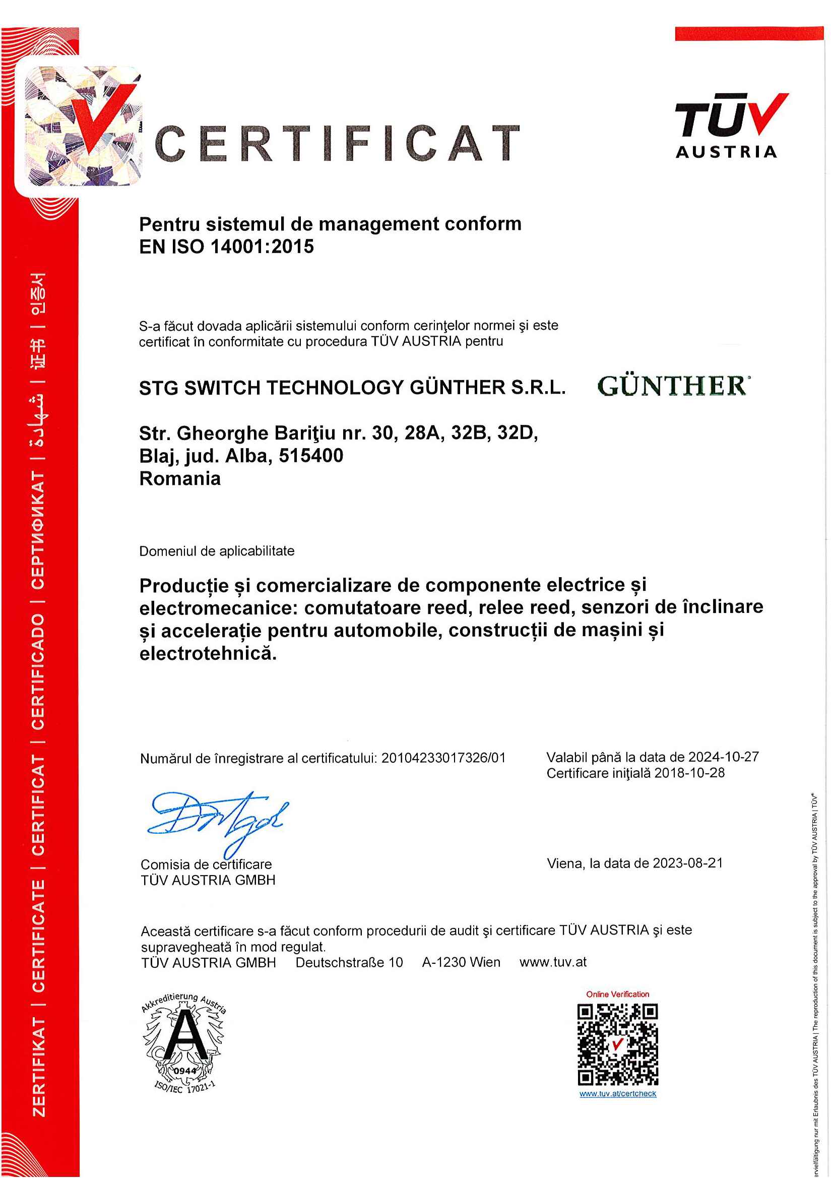 TUV ISO 14001 STG Switch Technology Gunther SRL