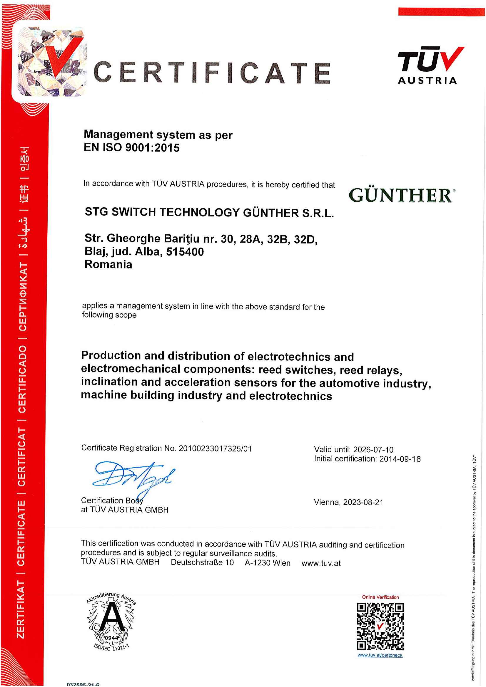 TUV ISO 9001 STG Switch Technology Gunther SRL