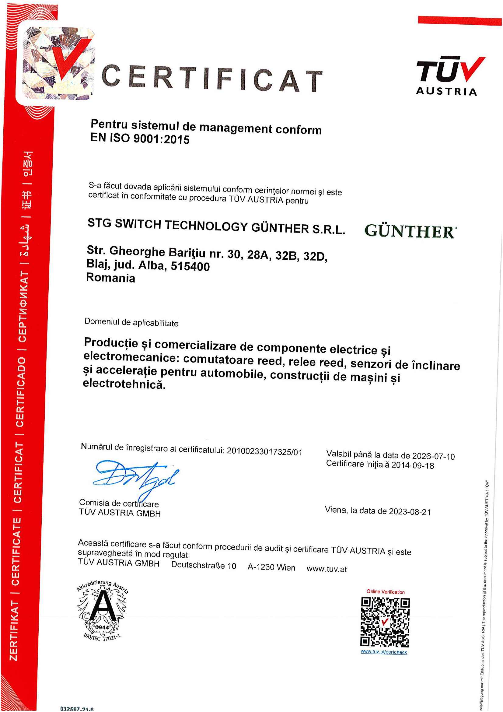 TUV ISO 9001 STG Switch Technology Gunther SRL